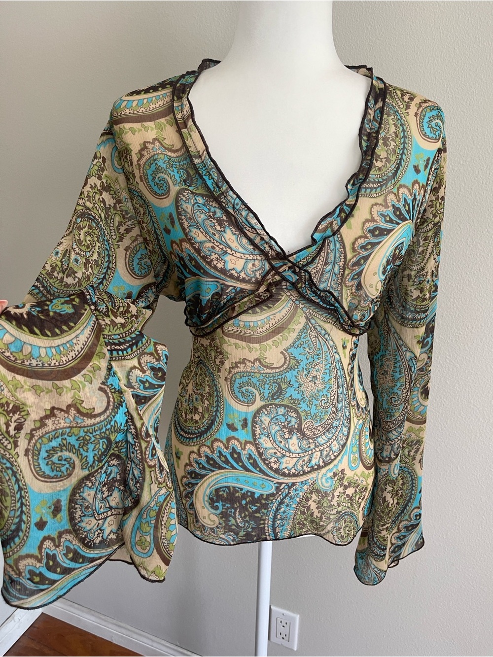 Apt. 9 Teal and Brown Paisley Sheer Ruffle V-Neck Blouse - Picture 3 of 7